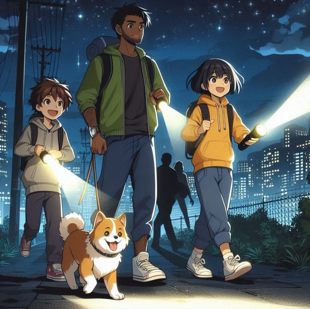 夕方に犬の散歩をしながら坂道を歩く人たちのイラスト