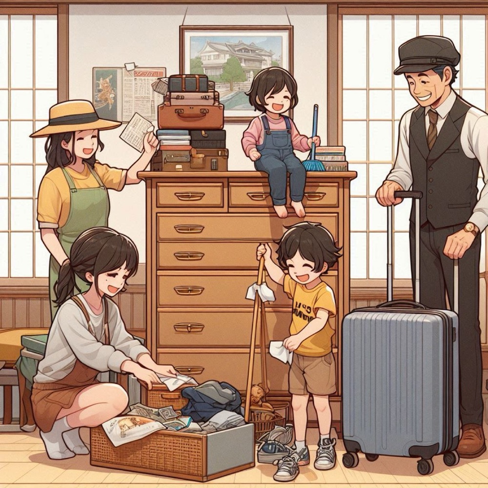 家族みんなでタンスまわりの片付けをしているイラスト
